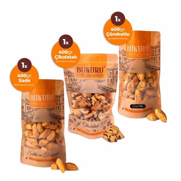 Mix-1  (1 Adet 400gr. Sade Beypazarı Kurusu + 1 Adet 400gr. Çörekotlu Beypazarı Kurusu + 1 Adet 400gr. Çikolatalı Beypazarı Kurusu)